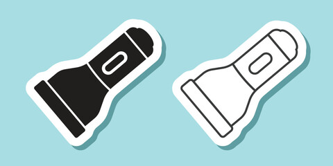 Flashlight sticker icon in flat style. Electric lamp vector illustration on isolated background. Pocket lantern sign business concept.