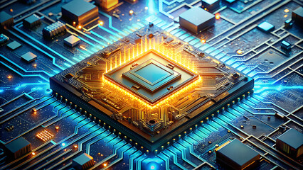 Close up view of a glowing central processing unit cpu chip with intricate circuitry and vibrant blue and orange neon lights symbolizing advanced technology and data processing
