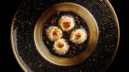 Dumplings in clear broth, red pepper garnish, presented elegantly