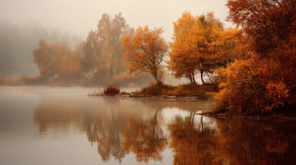 Obraz premium A fog-covered lake surrounded by autumn trees, their vibrant foliage mirrored in the still water. The soft mist creates a calm, magical atmosphere that evokes a peaceful autumn morning.