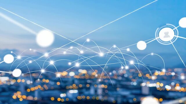 Bright city lights complement the network connections forming intricate patterns against a twilight sky