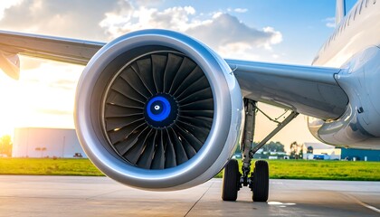 Airplane jet engine at sunset