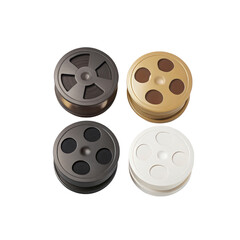 Four colorful vintage style film reels arranged on a black background