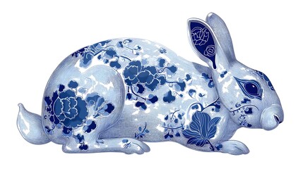 Blue and white porcelain pattern rabbit illustration