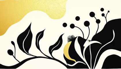 Minimalist black and white linocut art featuring abstract organic forms; black gold theme,  modern,  printable