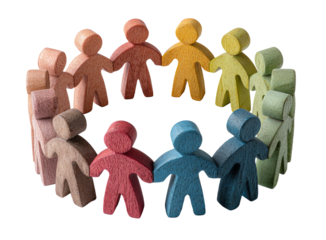 Group of wooden figures holding hands in a circle, symbolizing unity, cooperation, and community isolated on transparent background