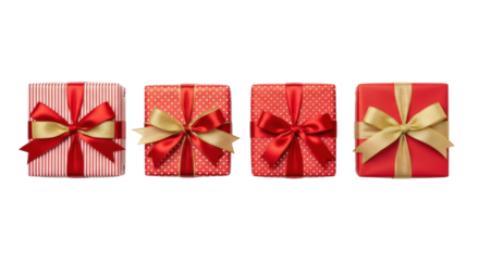 Four distinct gift boxes meticulously wrapped in festive red and white patterns with luxurious red satin and gold silk bows, arranged horizontally on a transparent isolated background, soft lighting,