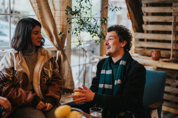 A man and woman engage in a cheerful conversation inside a warm, welcoming cafe.