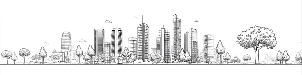 Urban skyline sketch with trees.  Simple line drawing of a city landscape, featuring tall buildings and various sized trees along the horizon.