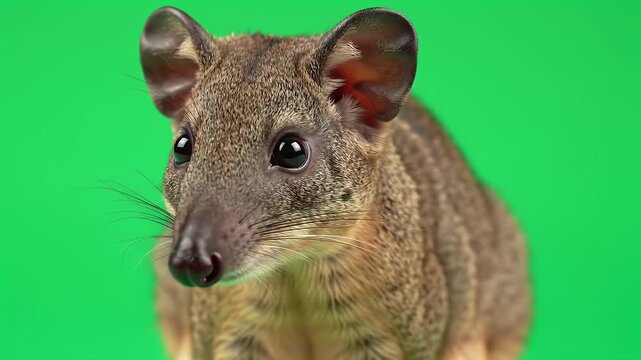 Adorable Potoroo Marsupial with Large Ears and Expressive Eyes on a Bright Green Screen Background, Ready for Compositing