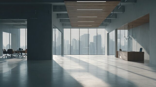 Architectural Serenity: Sunlit Reflections in a Minimalist Skyscraper Office. - Powered by Adobe