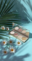 A palette of light, warm-toned eyeshadows sits on a teal surface, adorned with daisies and palm frond shadows