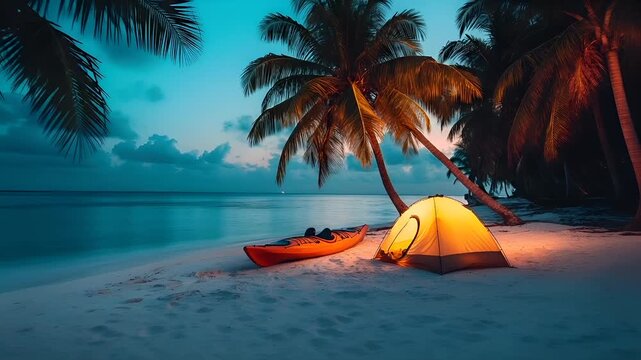 Aerial view of a tropical beach during sunset with palm trees and a tent. The sky is painted in hues of blue and orange, suggesting the sun is either rising or setting.