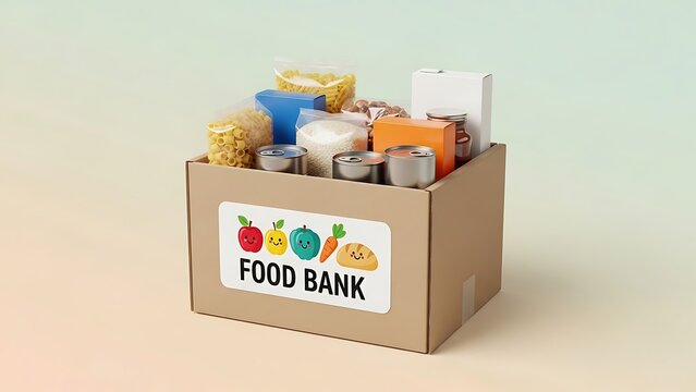 A food bank box packed with various non-perishable items like canned tuna, whole grains, granola, peanut butter, and fresh apples, ready to support those in need during aid distribution.