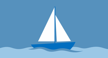 Simple Blue Sailboat on Calm Water, Flat Design