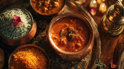 Festive Indian dishes in copper bowls and silverware on a decorated wooden surface