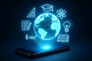 Global education hologram emerging from smartphone