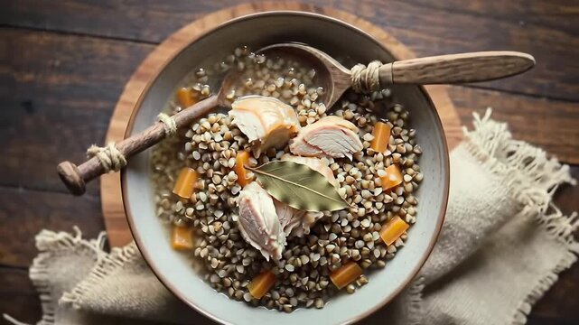Hearty buckwheat soup with chicken and carrots
