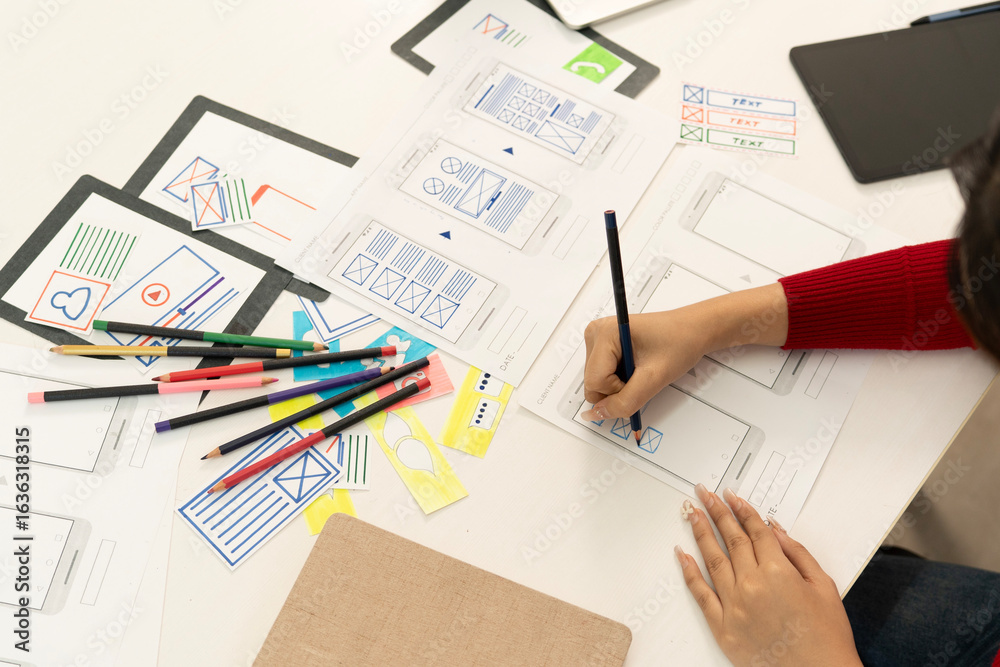 Wall mural creative web designer planning ui application and developing digital template