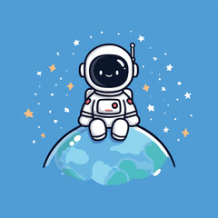 Cute Cartoon Vector Icon of an Astronaut Sitting on Earth Surrounded by Stars in a Playful Design