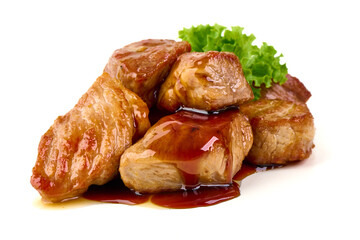 Glazed Pork Bites in sauce with Lettuce, isolated on white background