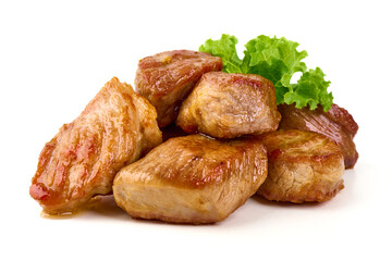 Pork stew, grilled pork bites, isolated on white background.