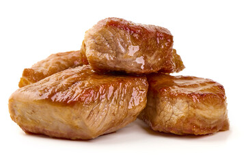 Pork stew, grilled pork bites, isolated on white background.