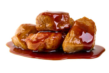 Pork stew, grilled pork bites in sauce, isolated on white background.