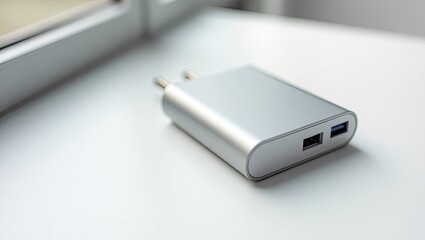 Fototapeta premium A metallic, rectangular power adapter lies on a white surface.