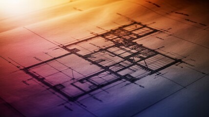 Illustration of architectural blueprint of a building plan, showing structural design and layout with artistic lighting