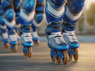 Naklejka premium Group of inline skaters wearing blue protective gear and rollerblades, gliding smoothly on a sunny outdoor track, showcasing dynamic movement and athleticism