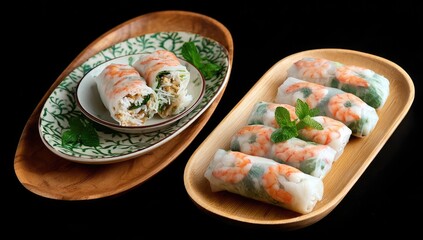 Two wooden platters showcasing fresh spring rolls.  