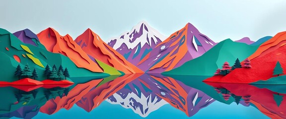 Vibrant paper cut mountains reflected in a serene lake ,  design,  handmade