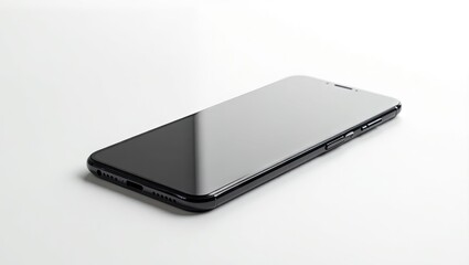 Black smartphone on a white surface.