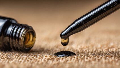 Dark amber liquid drips from a dropper onto burlap