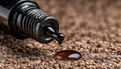 Dark liquid drips from a black bottle onto textured fabric. Close-up