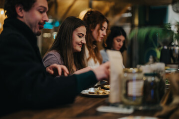 A group of friends sharing a pleasant meal in a warm, inviting restaurant ambiance, showcasing friendship and leisure.
