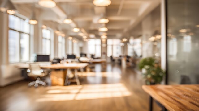 Sunlit Open-Plan Office with Soft Focus and Warm Bokeh Glow.