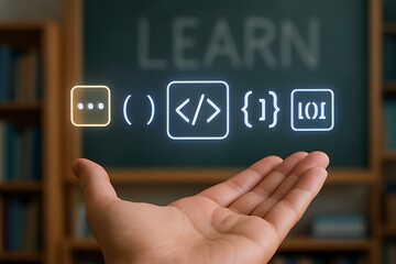 Hand presenting digital programming and learning icons in front of a chalkboard