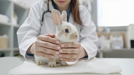 A small rabbit receives a thorough check-up in a veterinary clinic, with an experienced clinician ensuring its health and well-being