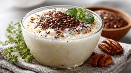 Healthy breakfast bowl with yogurt, flax seeds, chia seeds and pecan nuts