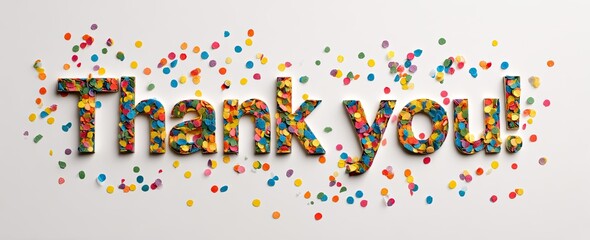 Thank you message formed from colorful confetti, displayed on a white background