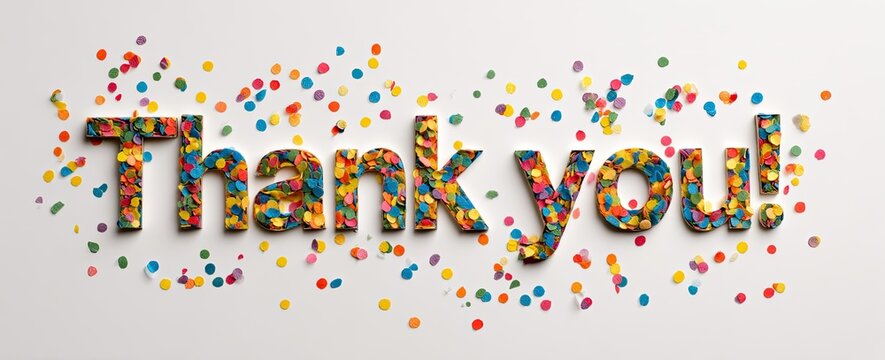 Thank you message formed from colorful confetti, displayed on a white background