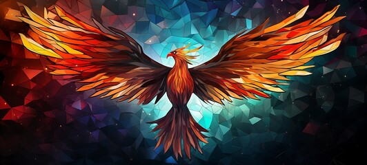 minimalist illustration of phoenix with mosaic various colors shaped wallpaper, ai generative