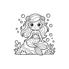 Adorable Cartoon Mermaid Illustration Line Art Design for Coloring Pages and Kids' Products