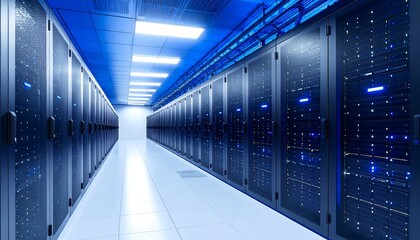 Ultra-wide shot of a futuristic cloud computing data center filled with glowing server racks and cool blue lighting, capturing a high-tech and modern atmosphere. Perfect for IT services