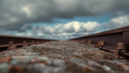 Rusty railway tracks on rocky ground, low angle view