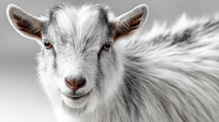 Fototapeta premium Close-up Portrait of a Cute White and Gray Goat with Brown Eyes