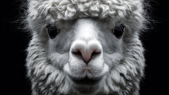 Close-up of a fluffy, white alpaca face with big, dark eyes against a black backdrop