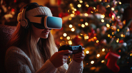 Young woman using virtual reality headset, gripping controller while playing video games near sparkling Christmas tree during festive evening